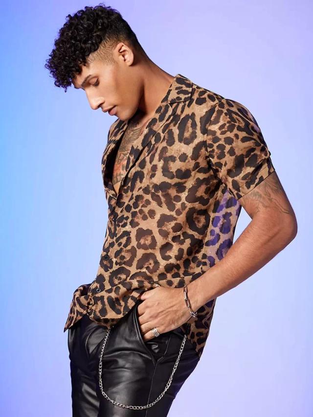leopard print sheer lapel collar button up shirt