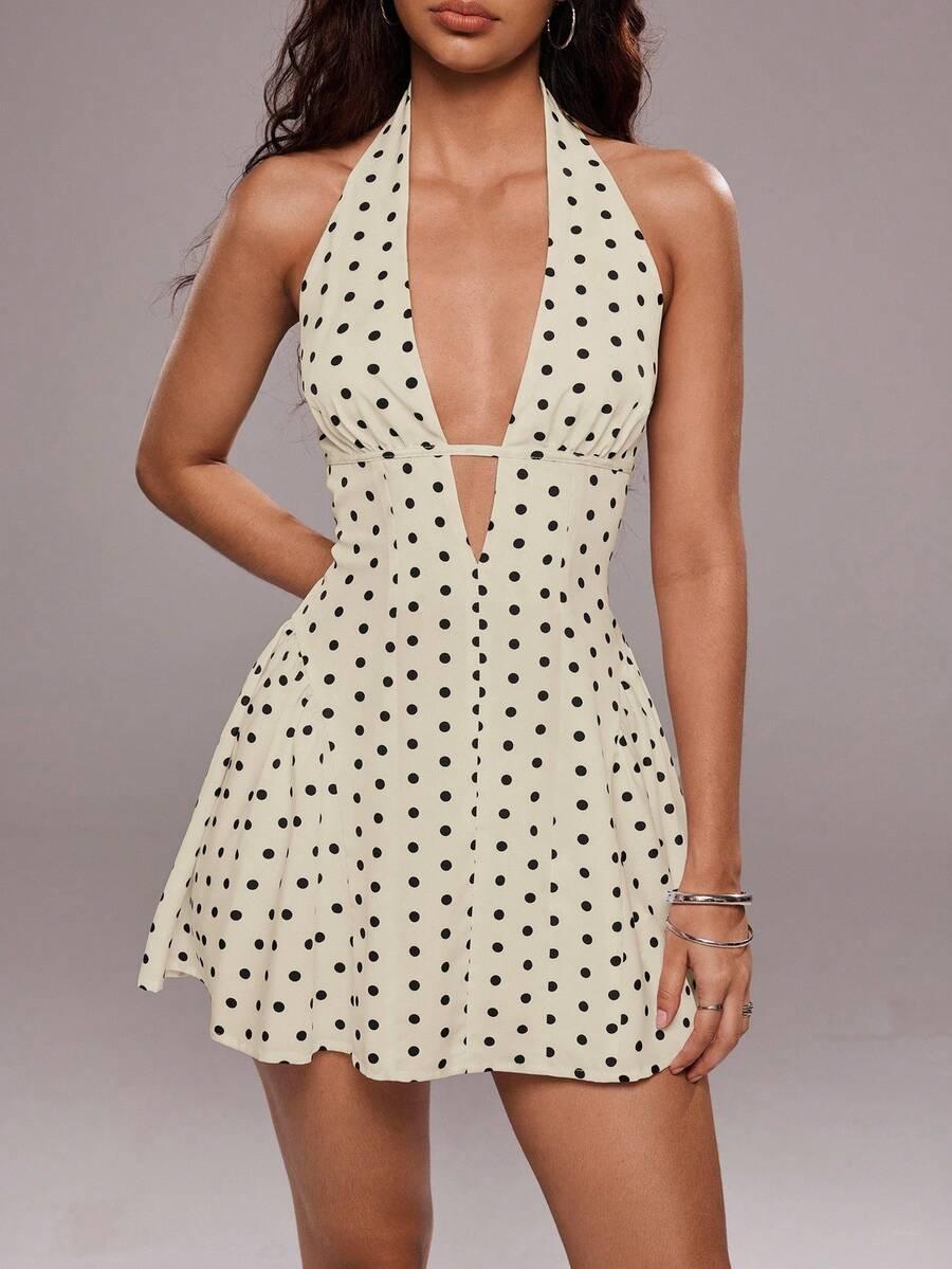 polka dot print deep v-neck backless mini dress