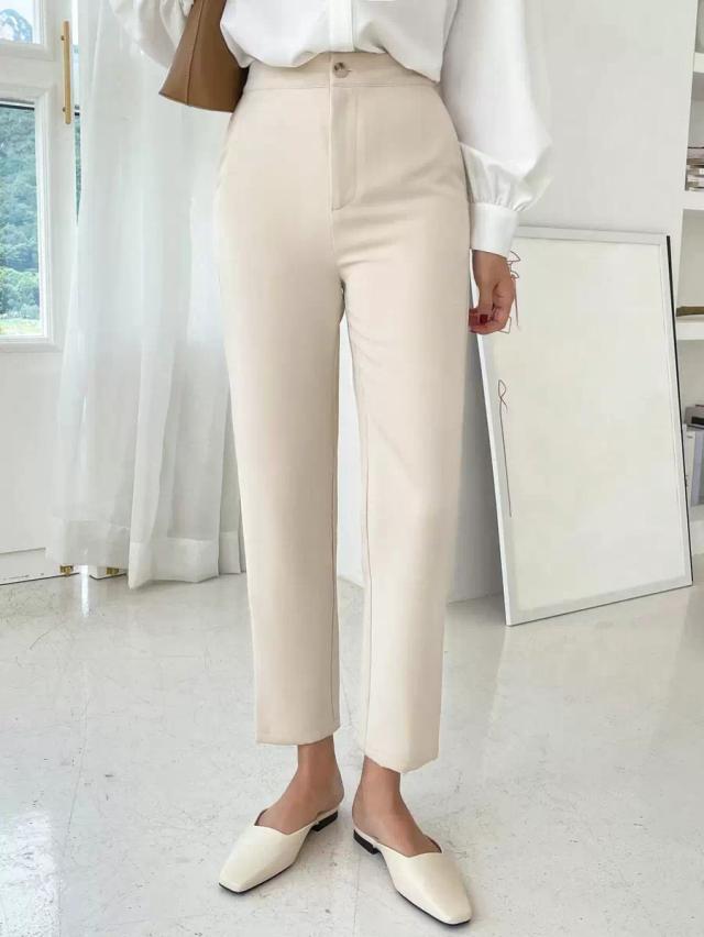 classic solid beige tapered leg business casual trousers