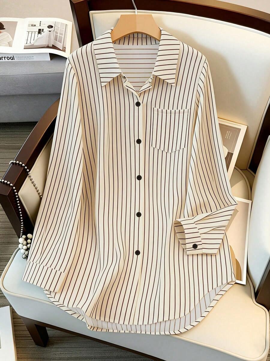 women's long sleeve single-breasted casual loose striped shirt