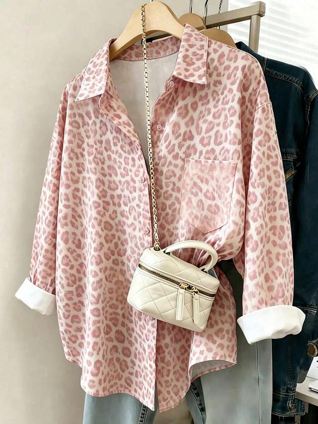 pink leopard print casual long sleeve button up shirt