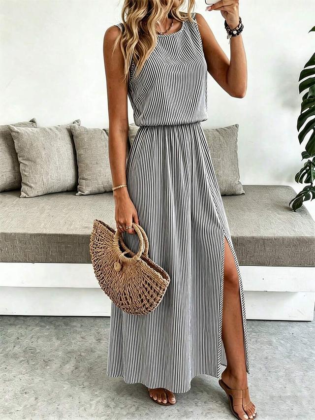 sleeveless striped maxi dress with side slit
