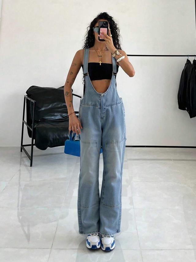 women's light wash denim overalls with button pockets