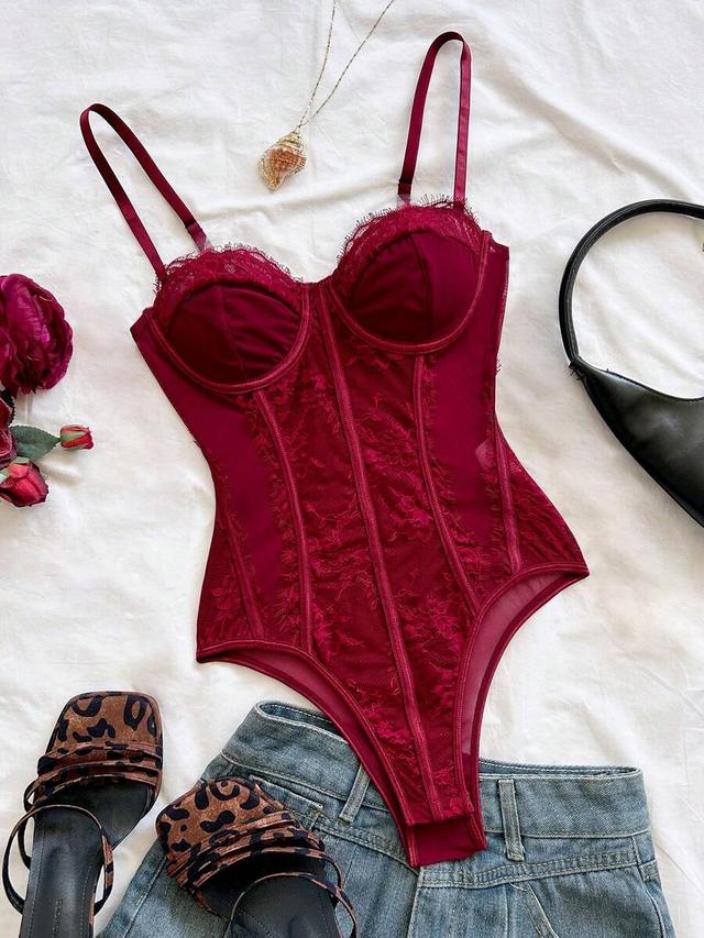 burgundy lace trim bustier camisole bodysuit