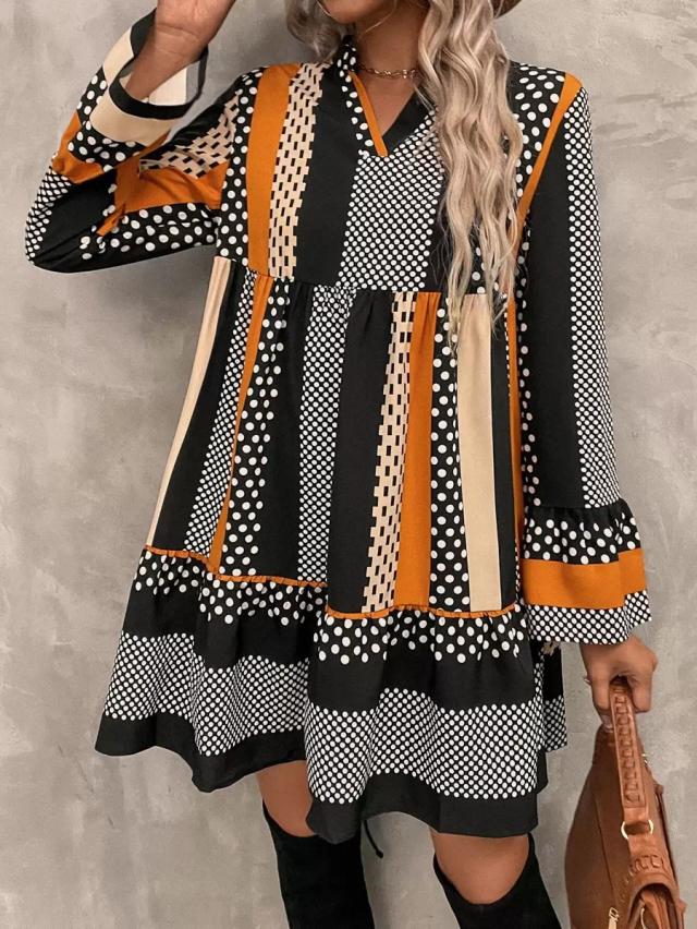 striped and polka dot print flounce sleeve smock dress