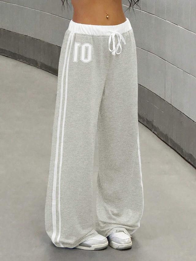 grey numeric print patchwork waist casual sports sweatpants