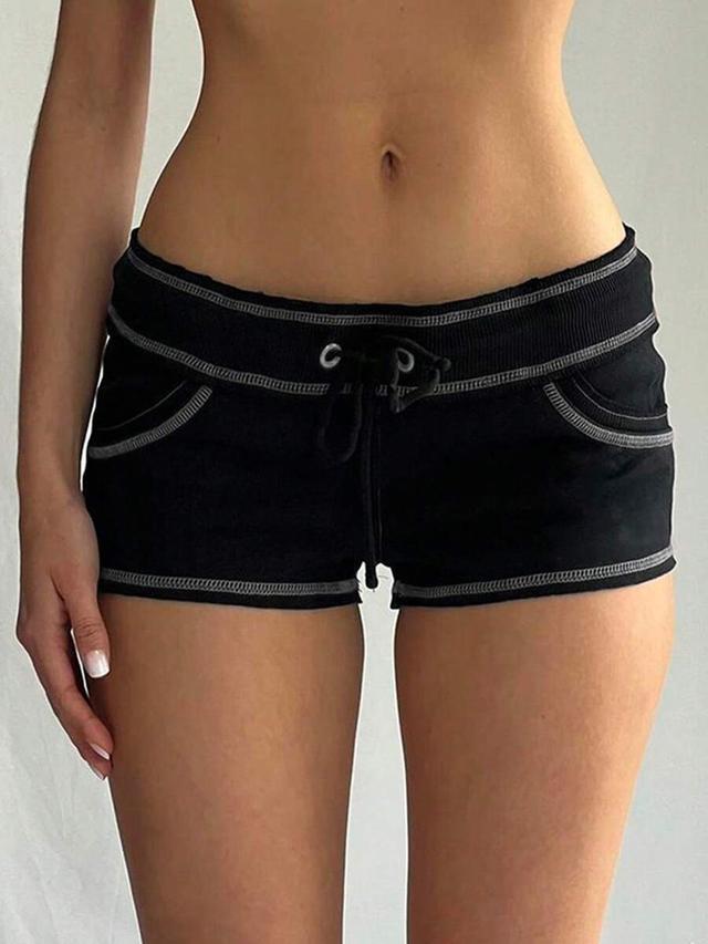 black drawstring shorts with contrast stitching