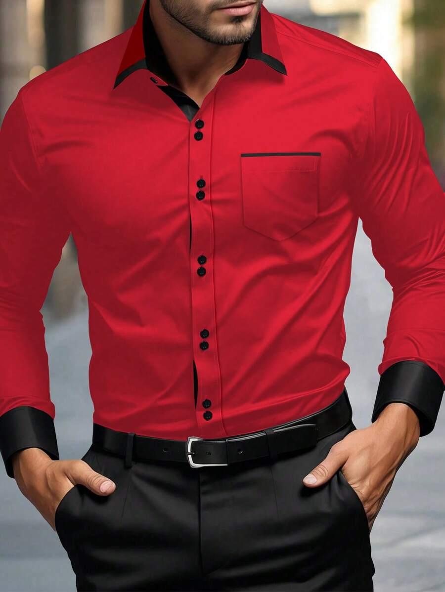 red long sleeve button-up shirt with contrast trim
