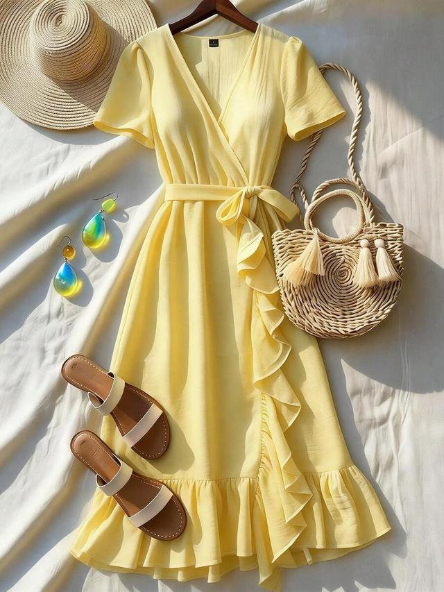 yellow ruffle v-neck fitted mid-length vacation dress