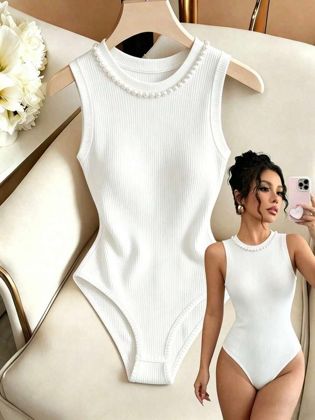 franclia pearl embellished sleeveless ribbed white bodysuit