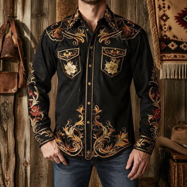 men's black floral embroidered long sleeve western shirt