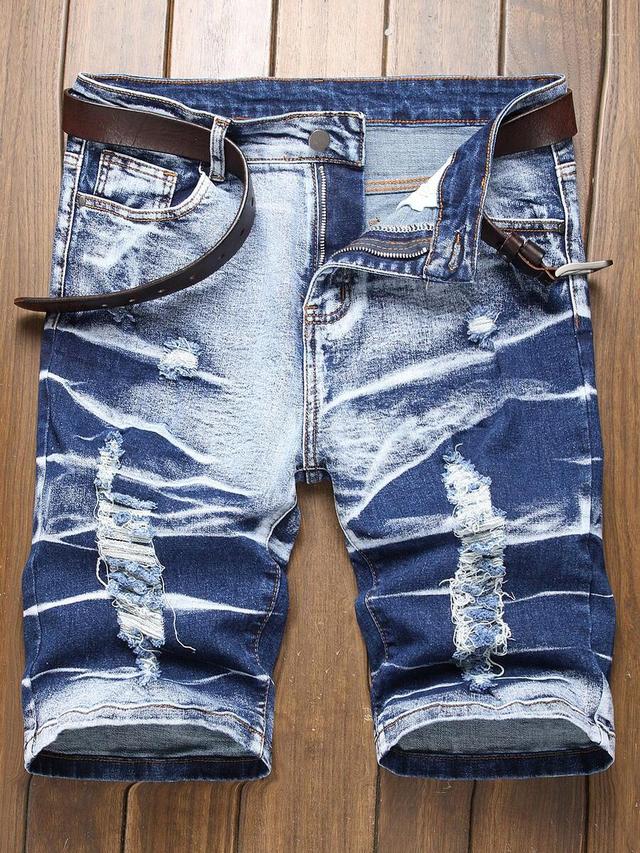 men's casual stretch blue straight-leg ripped y2k denim shorts