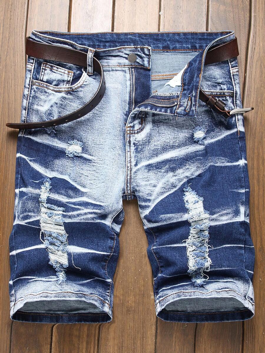 men's casual stretch blue straight-leg ripped y2k denim shorts