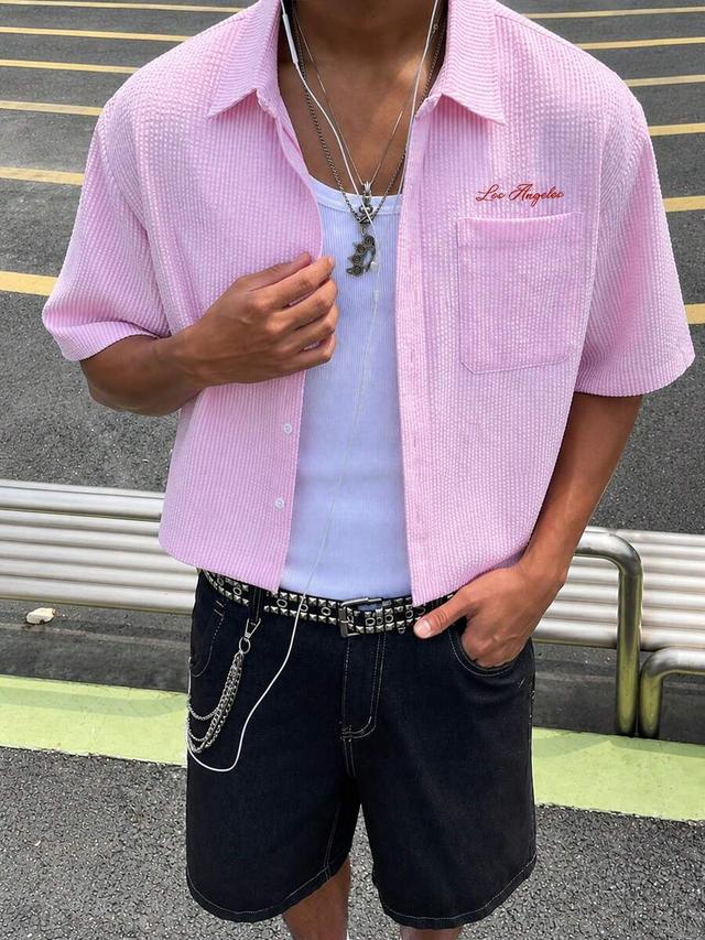 men's pink seersucker short sleeve button-up shirt