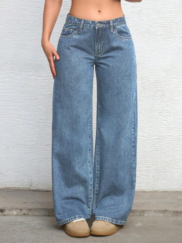 casual washed low-waist straight-leg denim jeans
