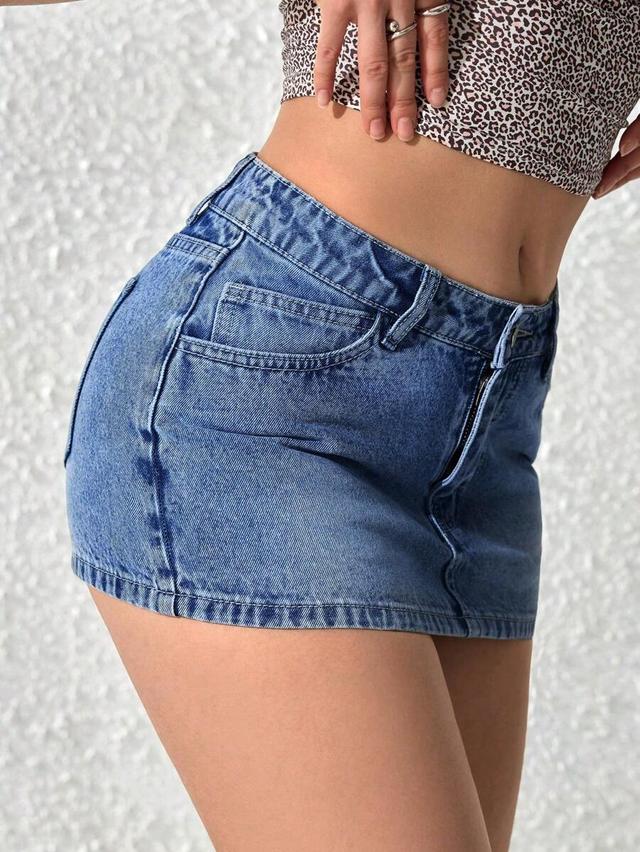 high-waisted medium wash denim mini skirt
