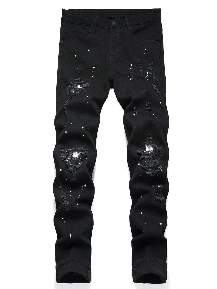 black distressed denim jeans with paint splatter