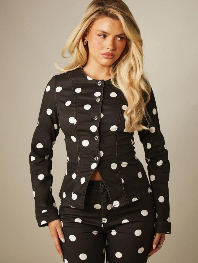 fitted stretch polka dot denim shirt