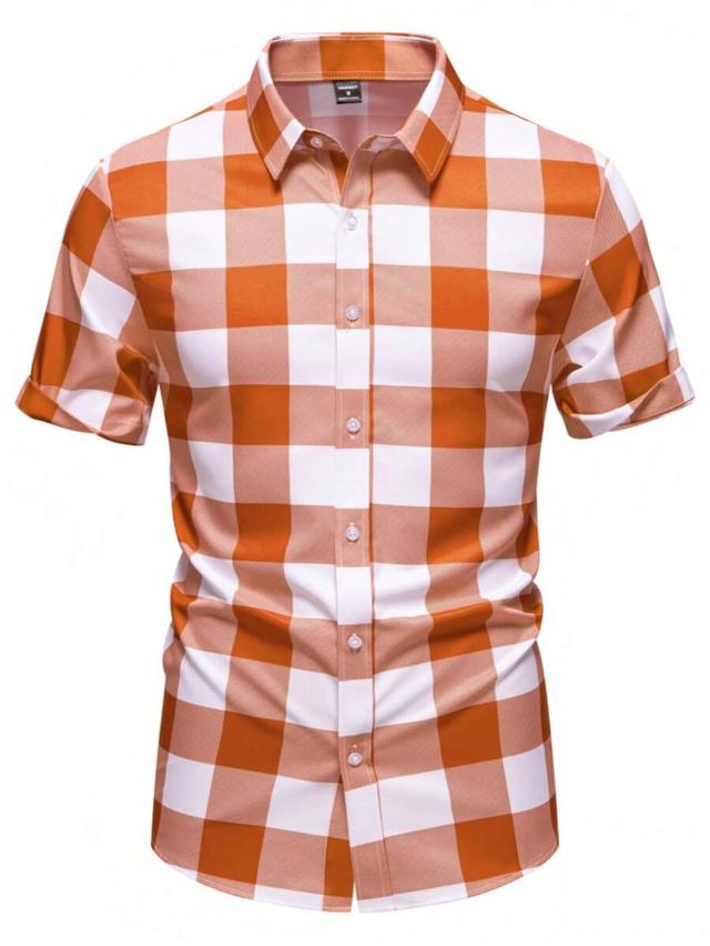 orange and white plaid short sleeve button shirt