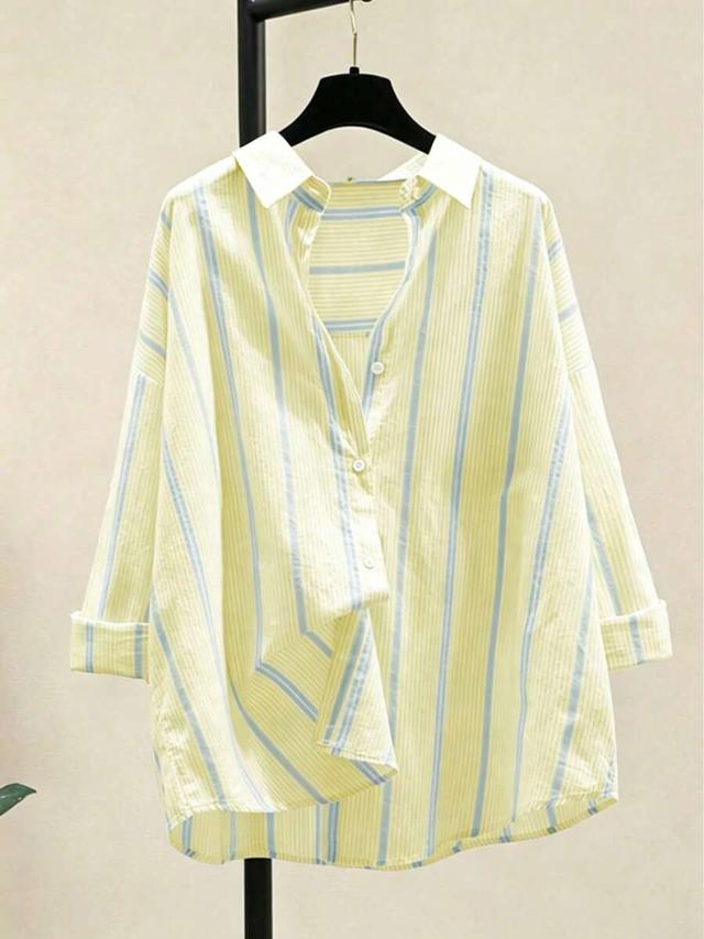 women's yellow and blue striped casual button-up shirt