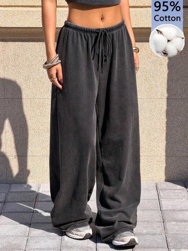 casual washed black cotton drawstring wide-leg sweatpants