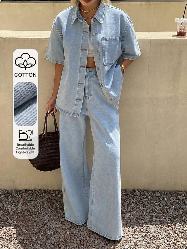 light wash denim short sleeve shirt and trousers set