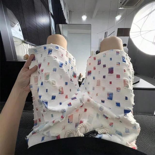 men's colorful plaid ripped denim shorts