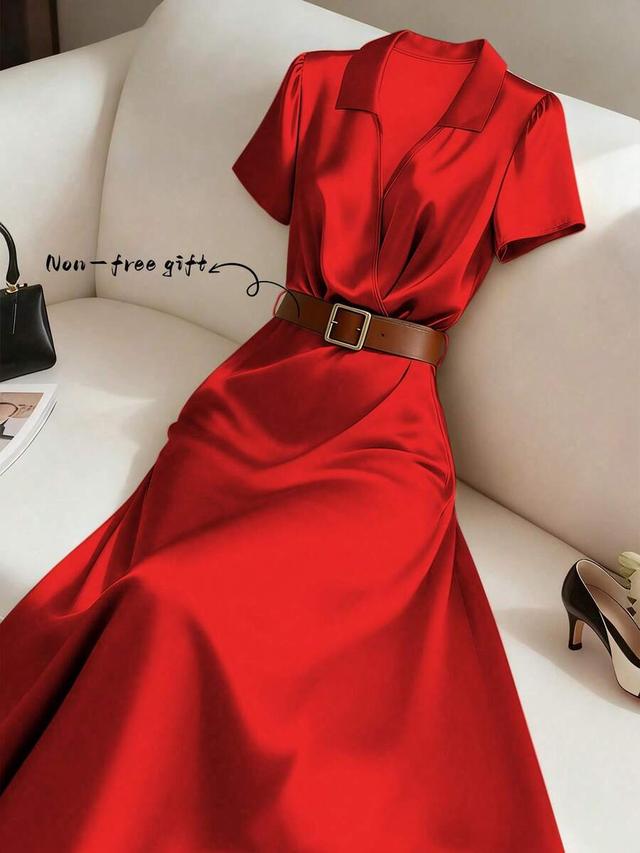 red satin pleated midi dress with collar