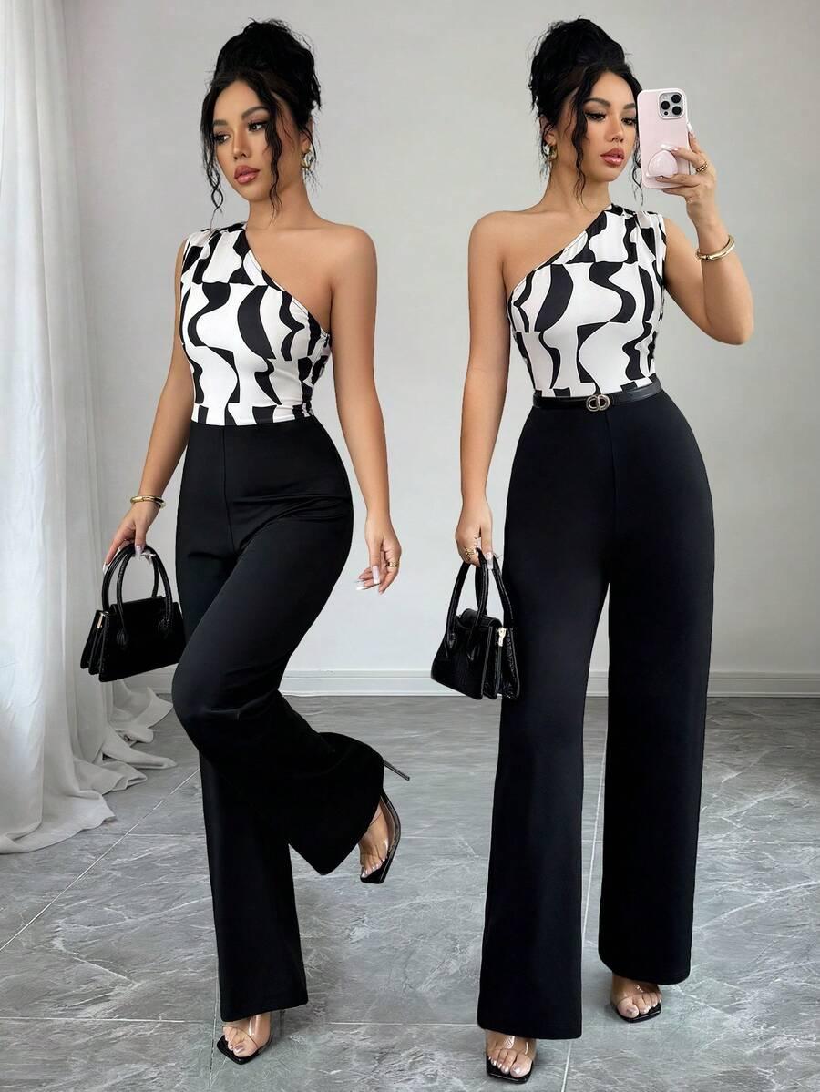 black and white one-shoulder jumpsuit