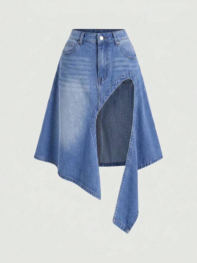 asymmetric cut-out blue denim mini skirt