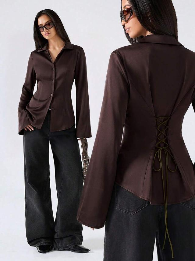 minimalist coffee brown lace-up long sleeve shirt