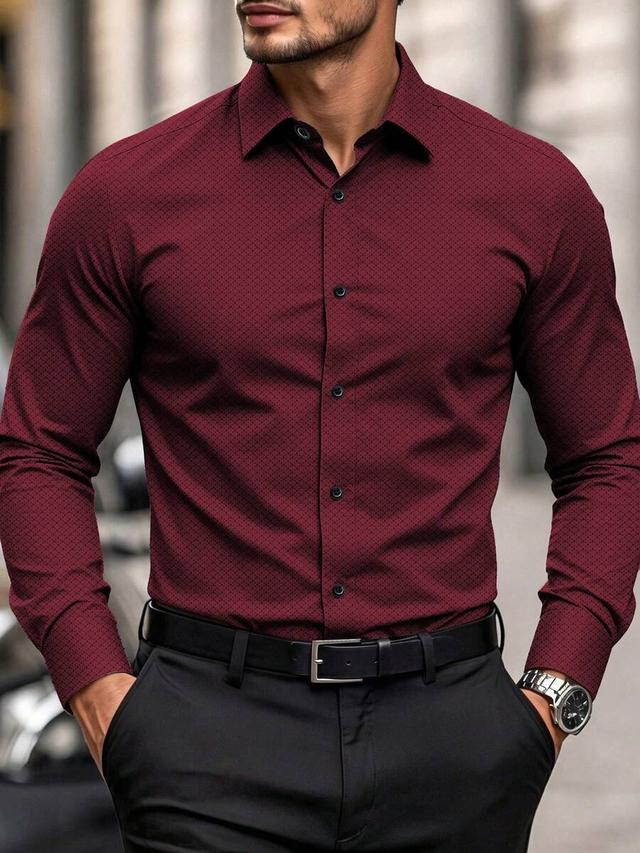 burgundy micro-patterned single-breasted long sleeve shirt