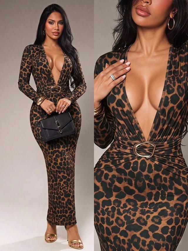 leopard print deep v-neck metal decor fitted dress