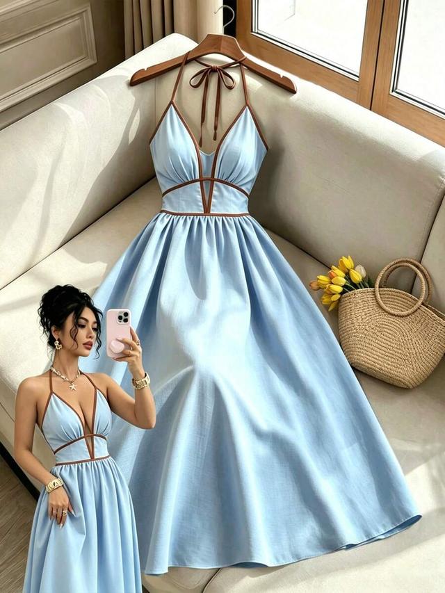 light blue halter cami dress with brown contrast trim