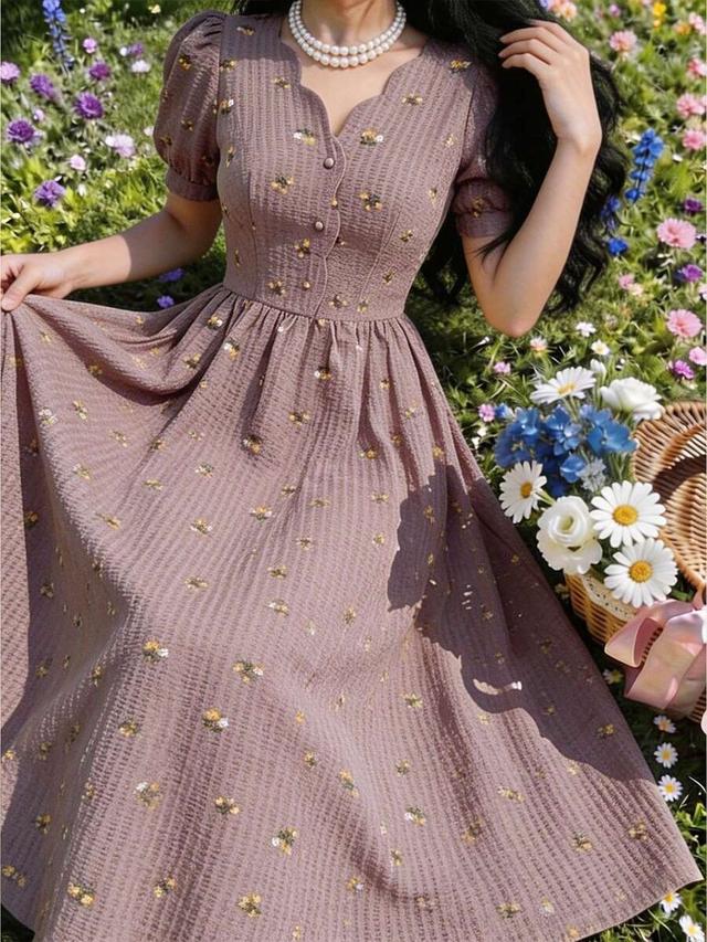 feyla women elegant solid color puff sleeve floral dress