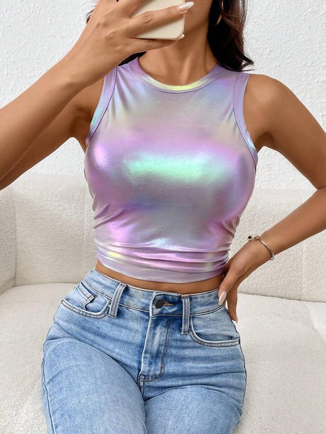 shiny iridescent round neck pleated crop tank top