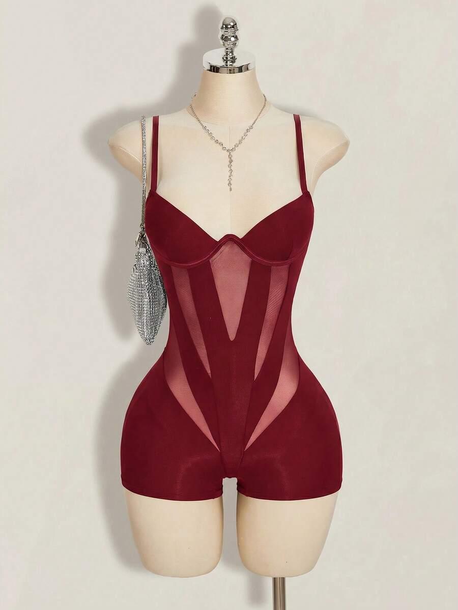 burgundy mesh patchwork spaghetti strap corset jumpsuit