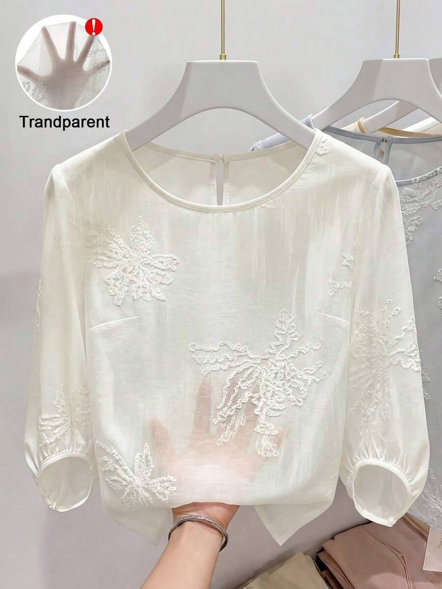 light blue round neck lantern sleeve embroidered lightweight blouse