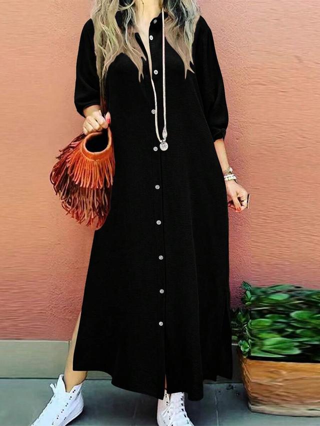 black long sleeve button-down casual shirt dress