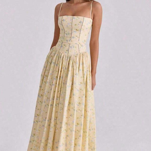 yellow floral floral cotton midi dress with corset bodice