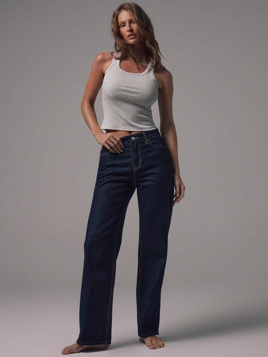 light grey high rise straight leg denim jeans