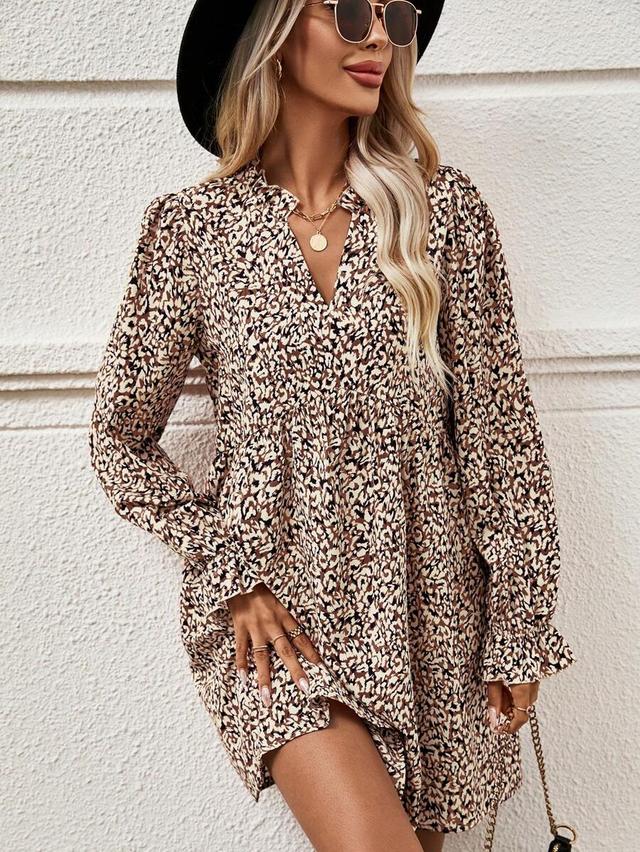 leopard print flounce sleeve smock dress