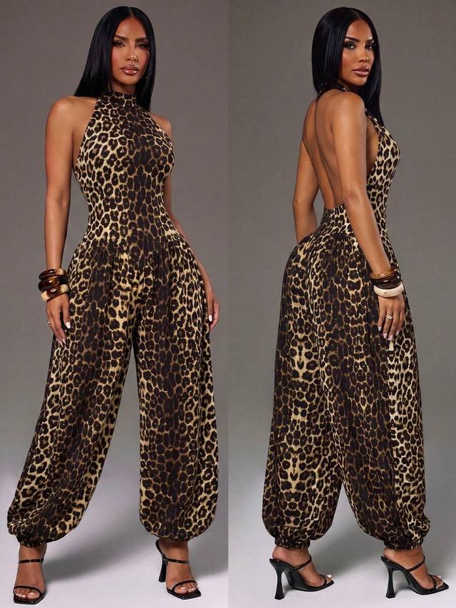 leopard print halter neck jumpsuit
