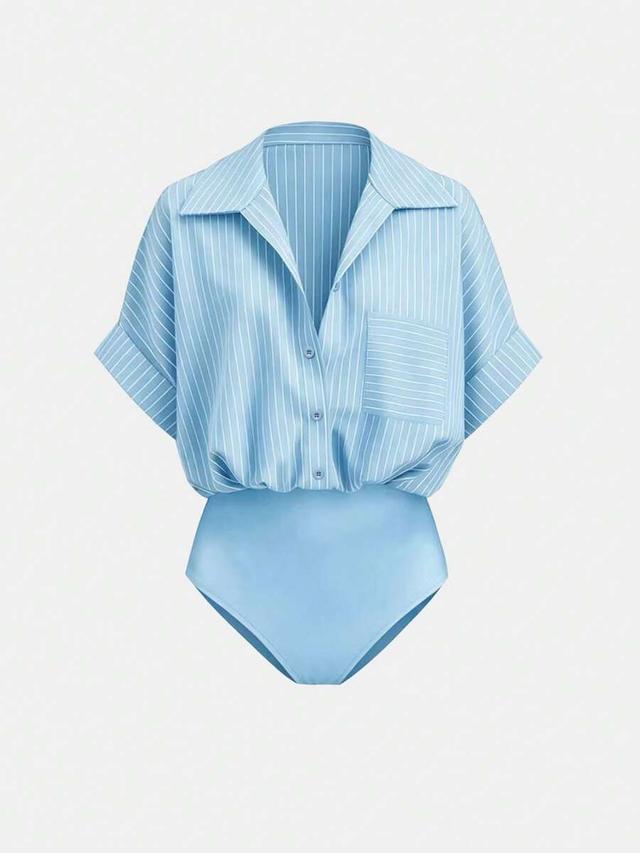 light blue striped button down lapel bodysuit