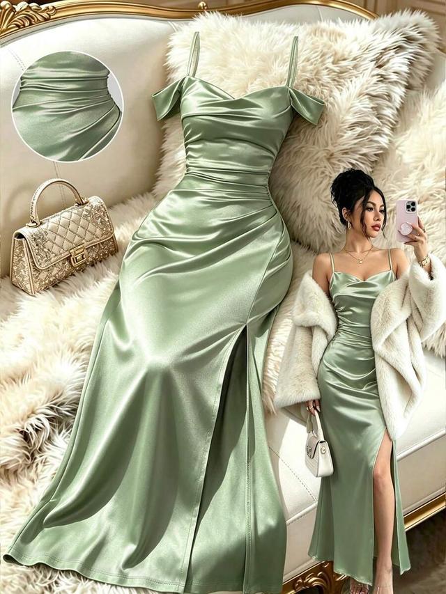 sage green satin off-shoulder draped midi dress