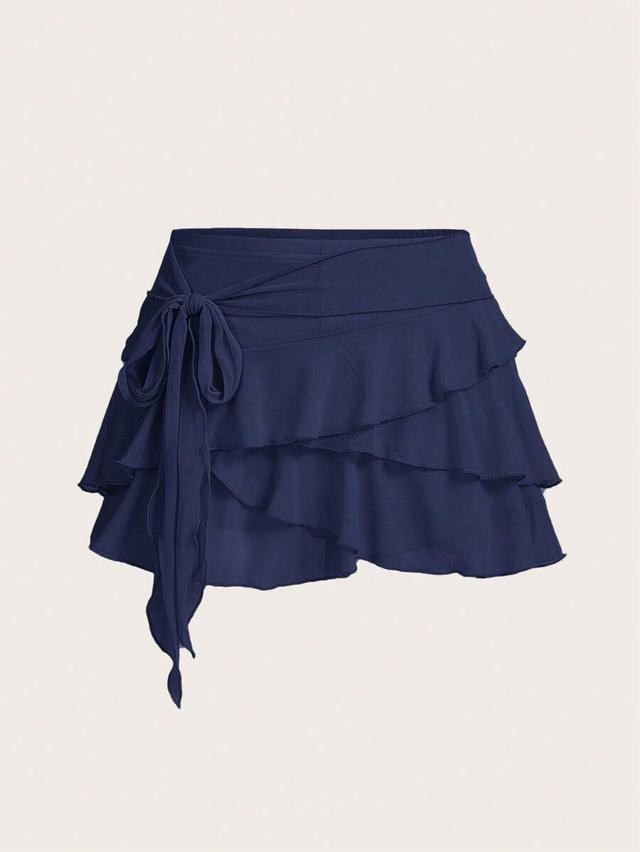 navy blue layered ruffle trim mini skirt