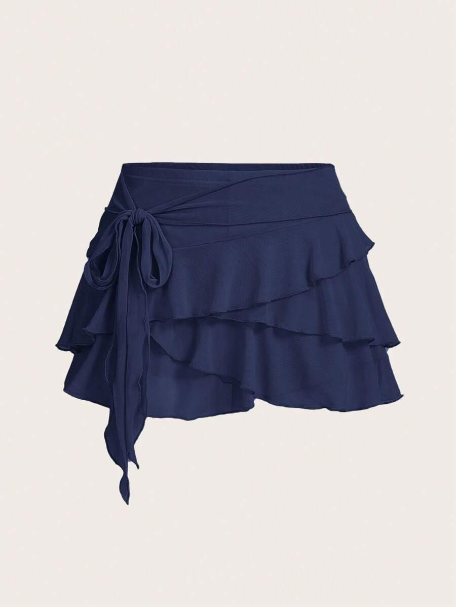 navy blue layered ruffle trim mini skirt