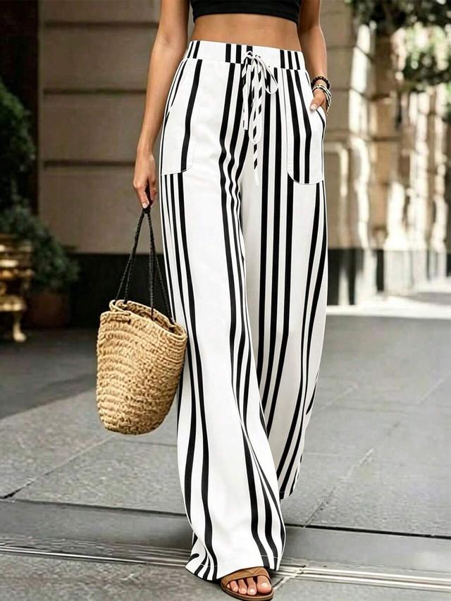 black and white striped wide leg casual trousers