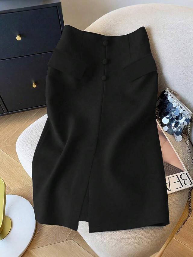 black winter elegant office waist-cinched a-line straight skirt