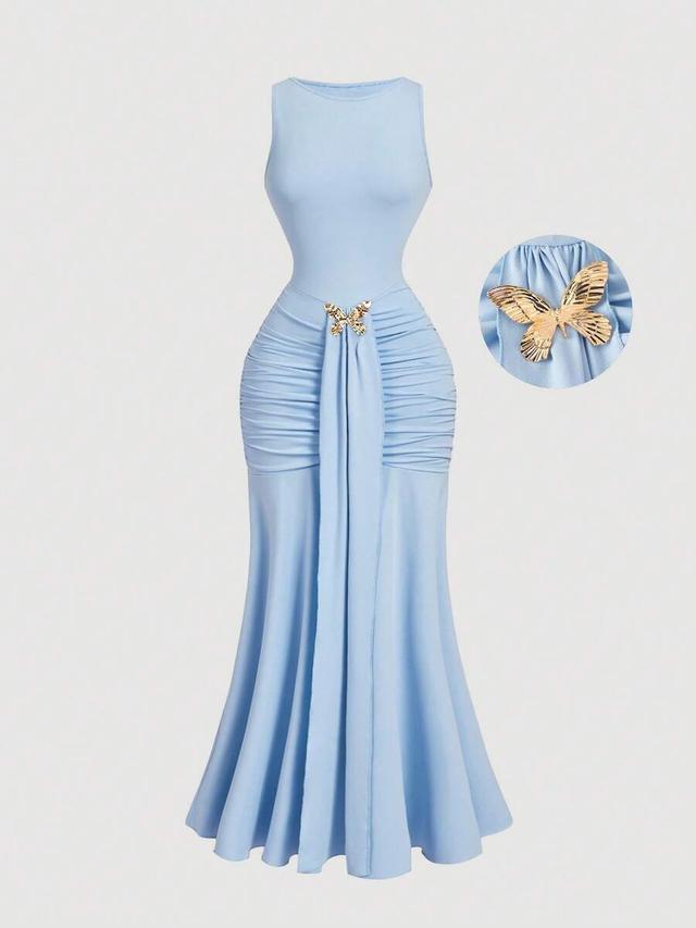 light blue ruched sleeveless butterfly decor gown